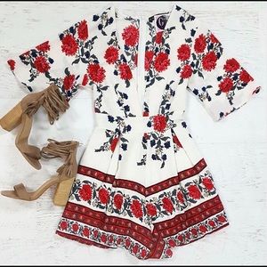 Classic Red Floral on White Romper/Playsuit Small